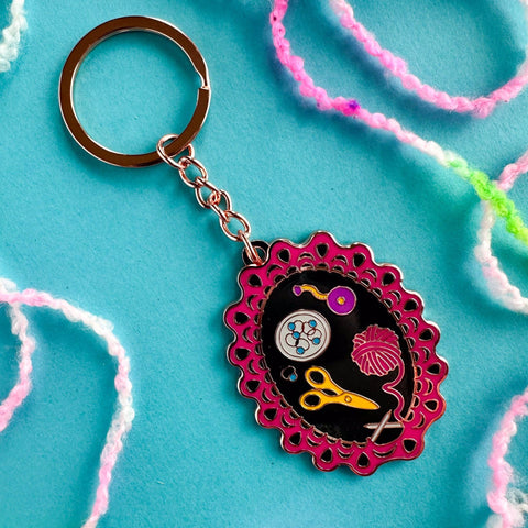Knitting Session Enamel Keychain