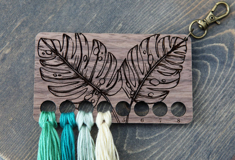 Monstera Leaf Embroidery Floss Storage Holder Walnut Wood