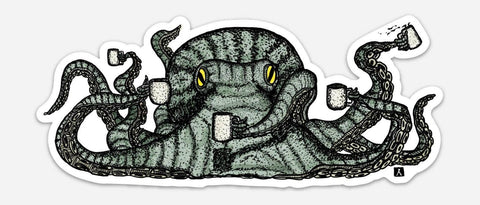 Octopus With Mugs Of Coffee Vinyl Sticker Pen and Ink