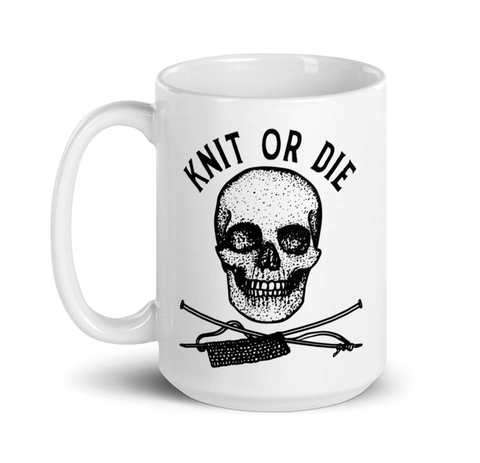 Coffee Mug With Pen & Ink Drawing Of A Skull Knit Or Die