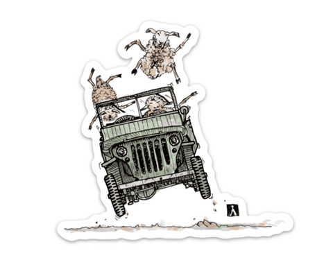 Sheep Driving A Jeep On Down The Road Vinyl Sticker