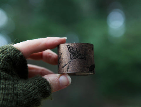 Luna Moth Moon & Stars Leather Shawl Cuff with Bronze Stud