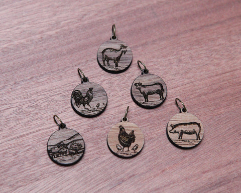 Knitting Stitch Markers - Walnut - Set of 6 - Farm Animals