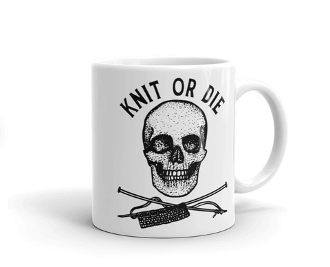 Coffee Mug With Pen & Ink Drawing Of A Skull Knit Or Die