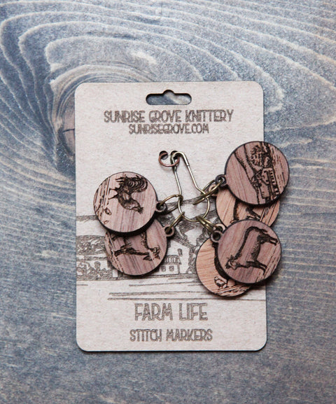 Knitting Stitch Markers - Walnut - Set of 6 - Farm Animals