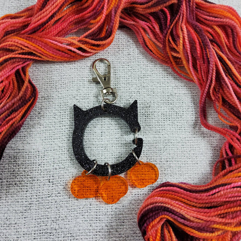 2025 Halloween Collection - Acrylic Cat Stitch Marker Holder Bag Charm - 3 Pumpkin Stitch Markers Included