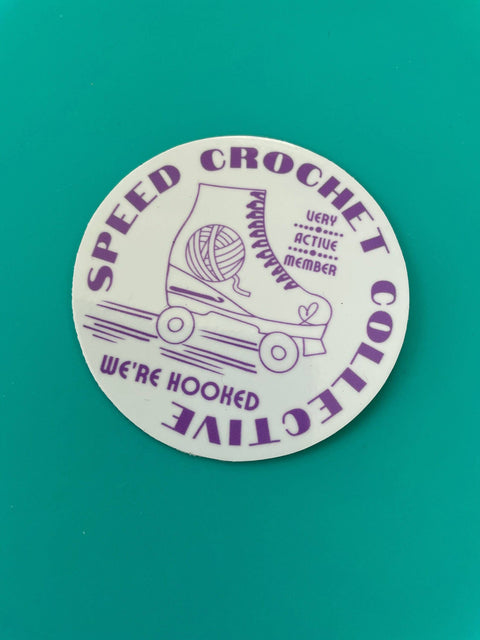 Vinyl Sticker Speed Crochet Collective Purple White Yarn