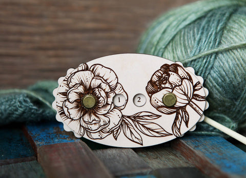 Maple Wood Knitting & Crochet Row Counter with Peony Design