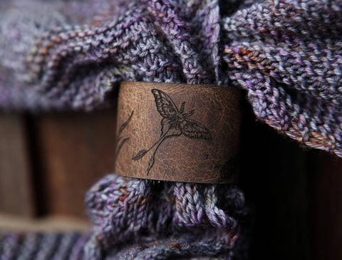 Luna Moth Moon & Stars Leather Shawl Cuff with Bronze Stud