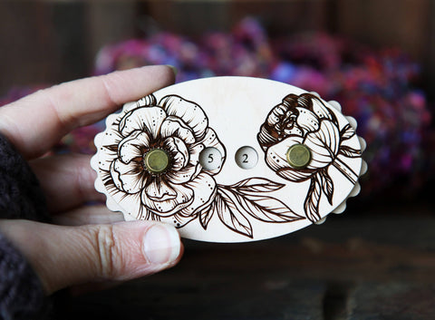 Maple Wood Knitting & Crochet Row Counter with Peony Design