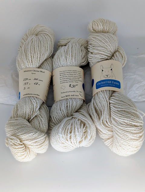 Yarn Batch 2023-009 is a Sport weight blend of Miniature Cheviot wool.