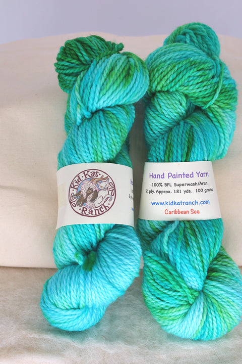 Caribbean Sea - Hand Painted Yarn -100% BFL Superwash - Aran