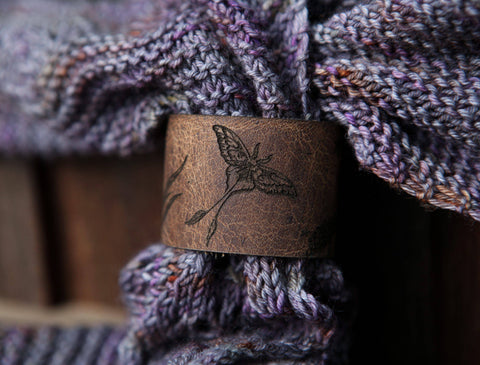 Luna Moth Moon & Stars Leather Shawl Cuff with Bronze Stud