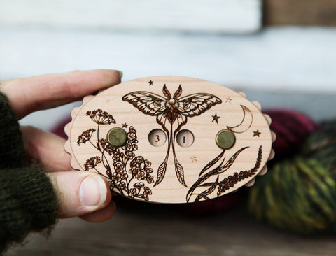 Luna Moth Cherry Wood Knitting Row Counter with Stars & Moon