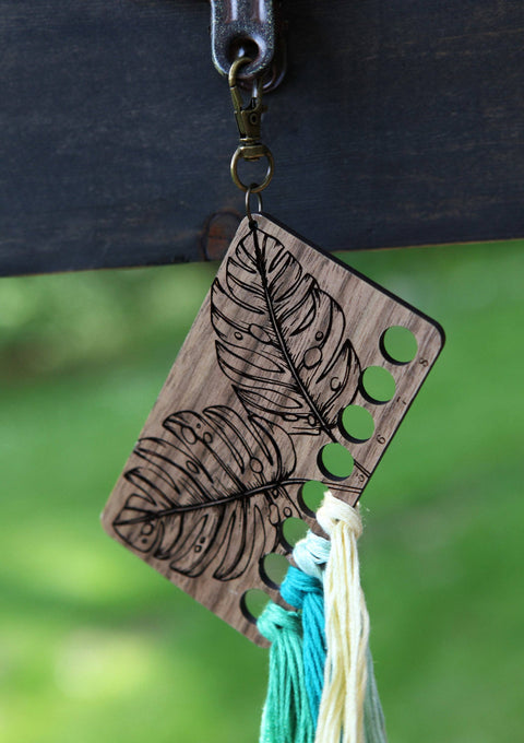 Monstera Leaf Embroidery Floss Storage Holder Walnut Wood
