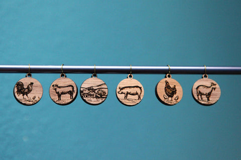 Knitting Stitch Markers - Walnut - Set of 6 - Farm Animals