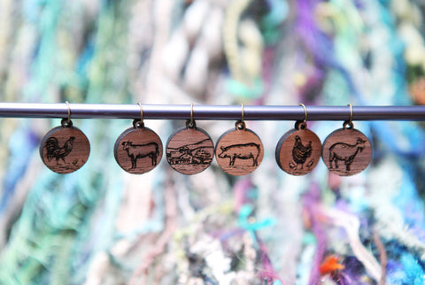 Knitting Stitch Markers - Walnut - Set of 6 - Farm Animals
