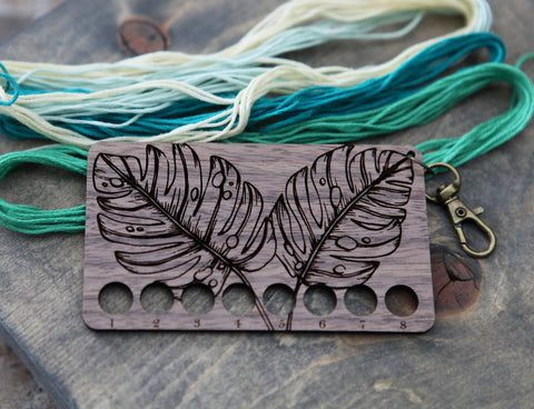 Monstera Leaf Embroidery Floss Storage Holder Walnut Wood