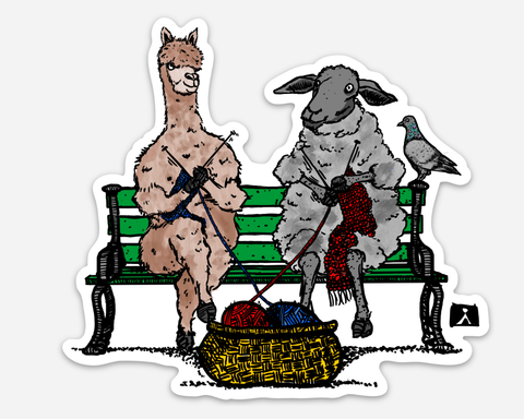 Sheep And Alpaca Knitting Together On A Park Bench