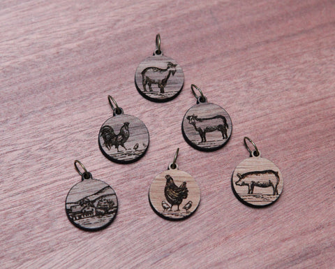 Knitting Stitch Markers - Walnut - Set of 6 - Farm Animals