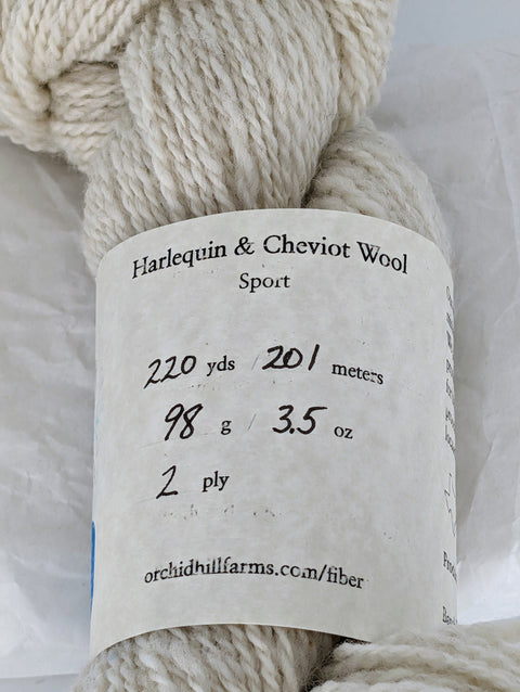 Yarn Batch 2023-008 is a Sport weight blend of Miniature Harlequin and Miniature Cheviot wool.