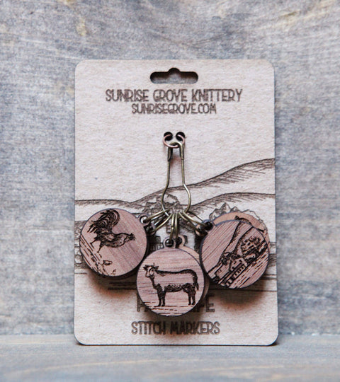Knitting Stitch Markers - Walnut - Set of 6 - Farm Animals