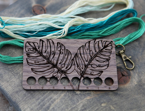 Monstera Leaf Embroidery Floss Storage Holder Walnut Wood